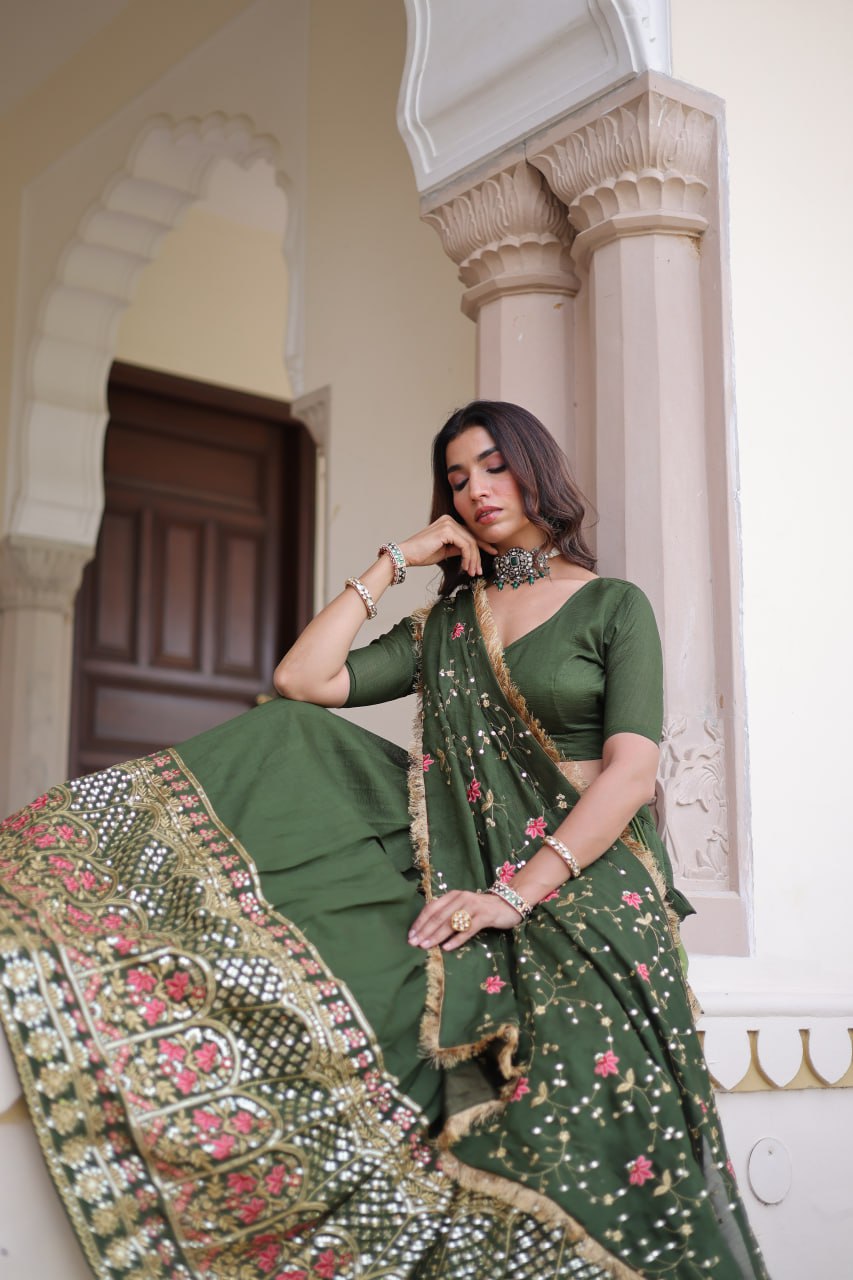 Mehendi Elegant Vichitra Silk Sequins & Thread Embroidered Lehenga Set with Designer Lace Dupatta – Stitched 3-Meter Flair Lehenga & Unstitched Blouse