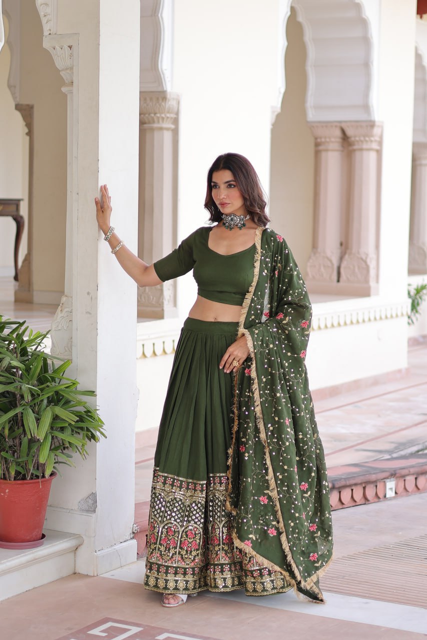 Mehendi Elegant Vichitra Silk Sequins & Thread Embroidered Lehenga Set with Designer Lace Dupatta – Stitched 3-Meter Flair Lehenga & Unstitched Blouse