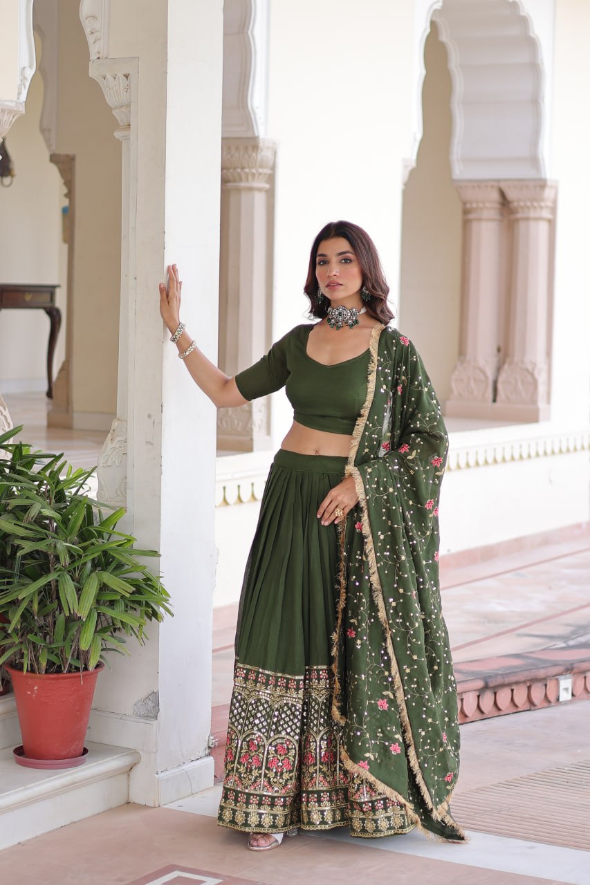 Mehendi Elegant Vichitra Silk Sequins & Thread Embroidered Lehenga Set with Designer Lace Dupatta – Stitched 3-Meter Flair Lehenga & Unstitched Blouse