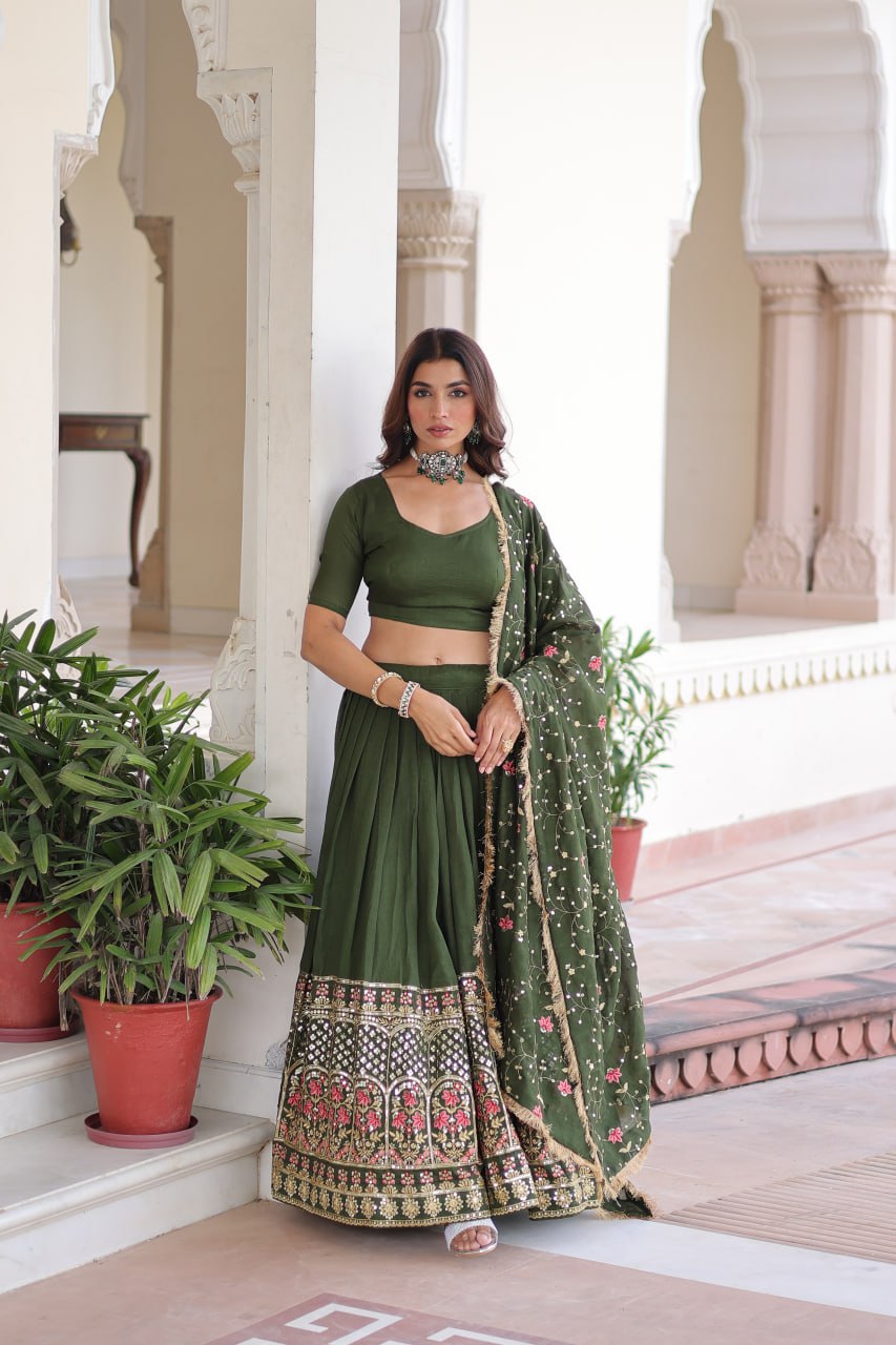 Mehendi Elegant Vichitra Silk Sequins & Thread Embroidered Lehenga Set with Designer Lace Dupatta – Stitched 3-Meter Flair Lehenga & Unstitched Blouse