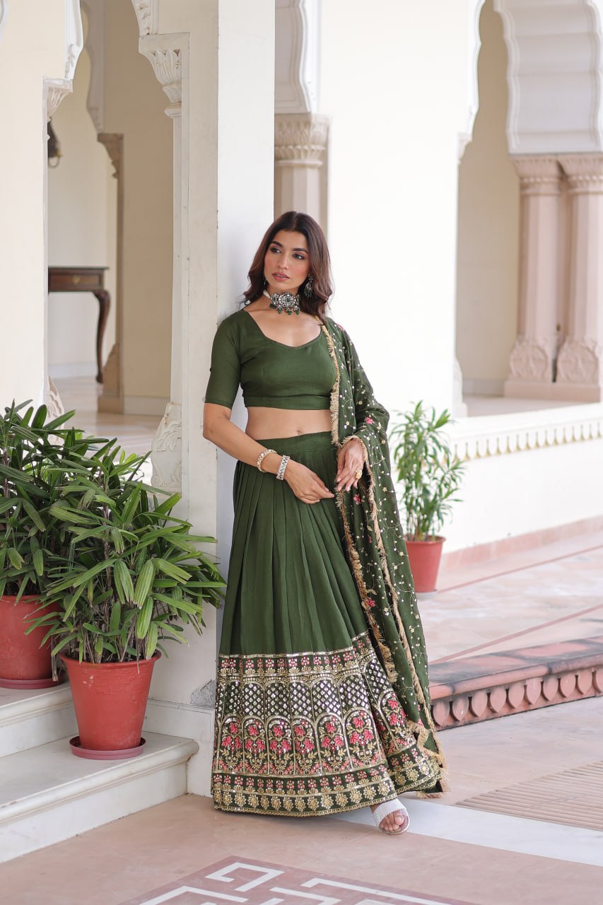 Mehendi Elegant Vichitra Silk Sequins & Thread Embroidered Lehenga Set with Designer Lace Dupatta – Stitched 3-Meter Flair Lehenga & Unstitched Blouse