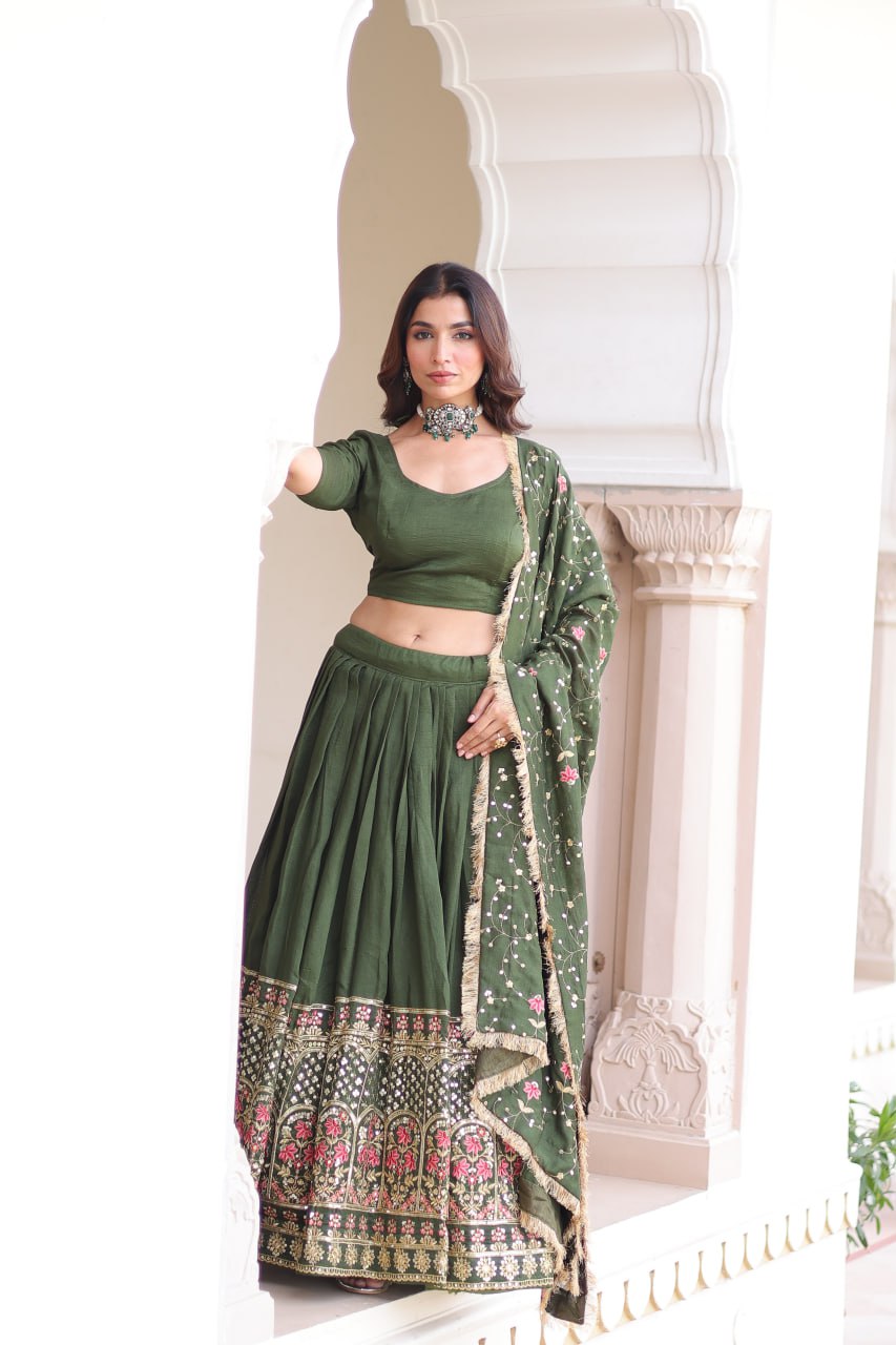 Mehendi Elegant Vichitra Silk Sequins & Thread Embroidered Lehenga Set with Designer Lace Dupatta – Stitched 3-Meter Flair Lehenga & Unstitched Blouse
