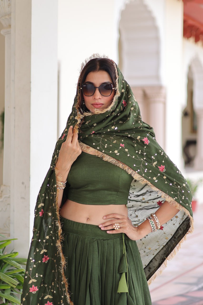 Mehendi Elegant Vichitra Silk Sequins & Thread Embroidered Lehenga Set with Designer Lace Dupatta – Stitched 3-Meter Flair Lehenga & Unstitched Blouse