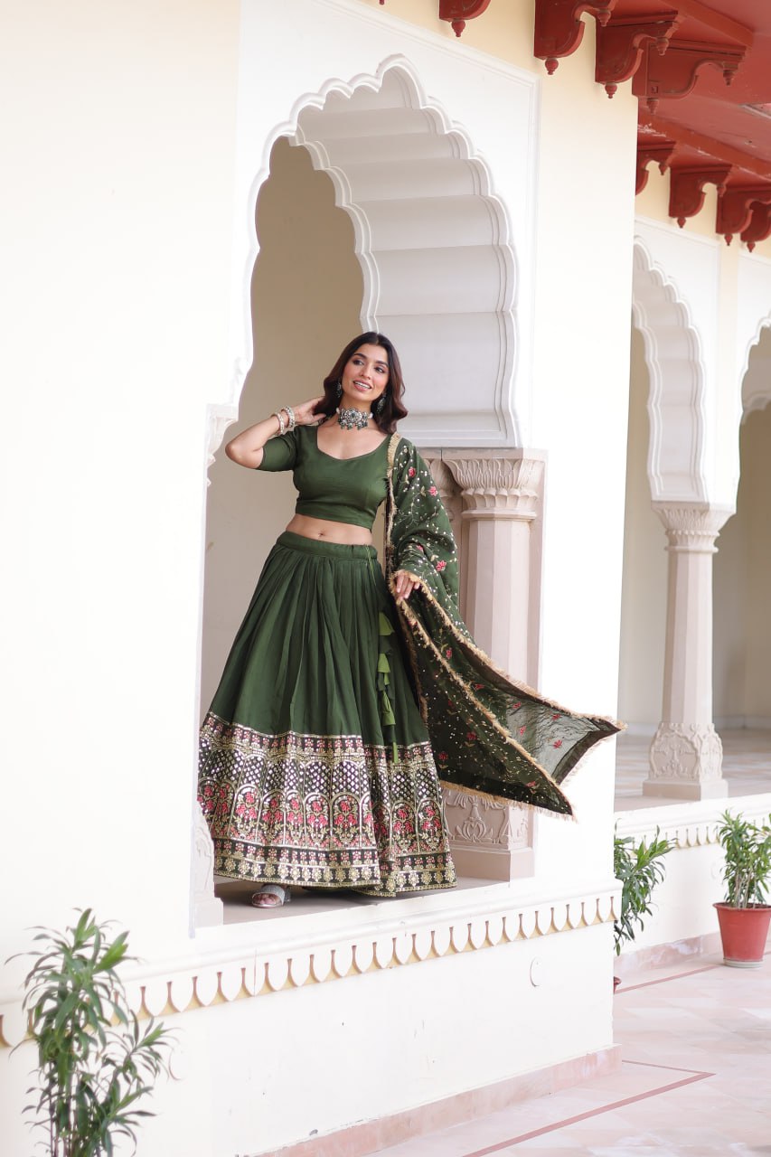 Mehendi Elegant Vichitra Silk Sequins & Thread Embroidered Lehenga Set with Designer Lace Dupatta – Stitched 3-Meter Flair Lehenga & Unstitched Blouse