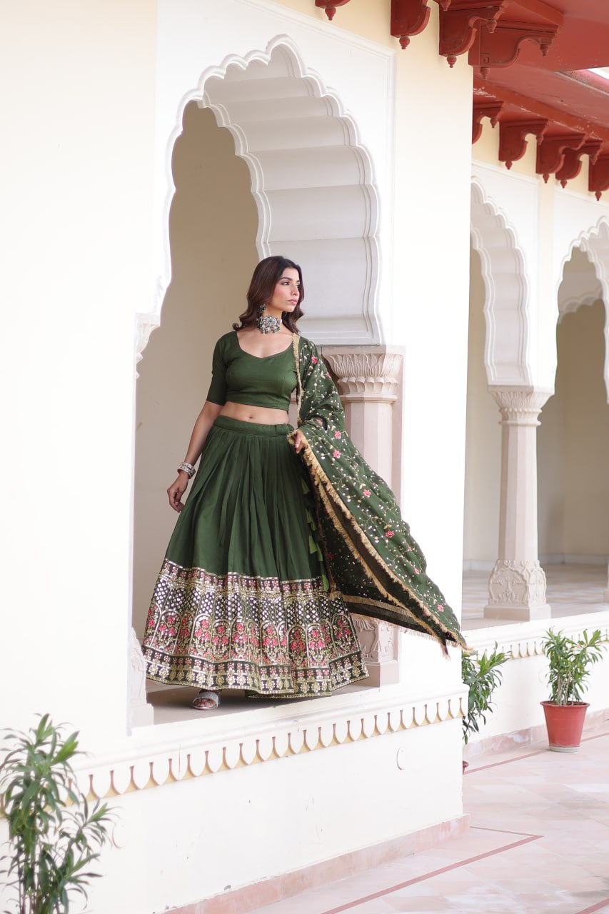 Mehendi Elegant Vichitra Silk Sequins & Thread Embroidered Lehenga Set with Designer Lace Dupatta – Stitched 3-Meter Flair Lehenga & Unstitched Blouse