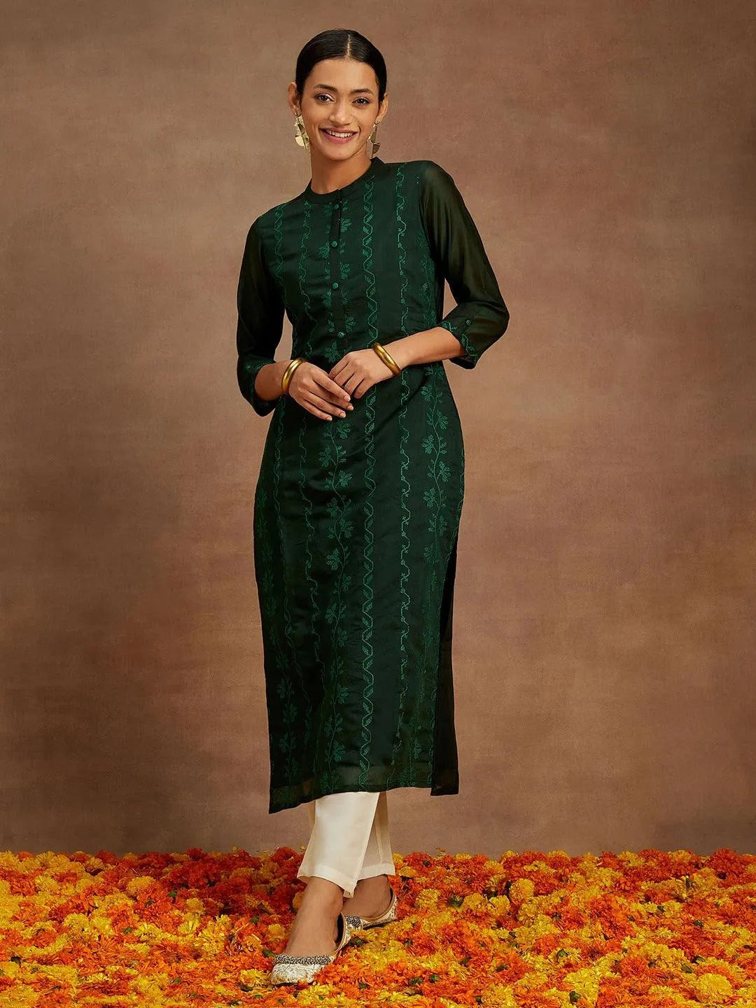 Anouk Green Embroidered Chanderi Silk Straight Kurta