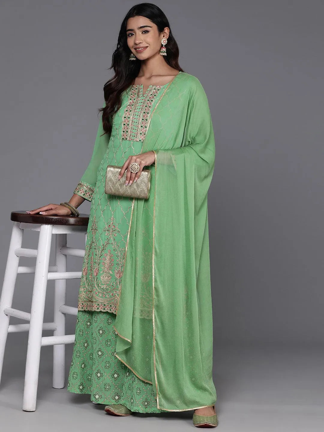 Anouk Green Embroidered Georgette Straight Suit With Dupatta