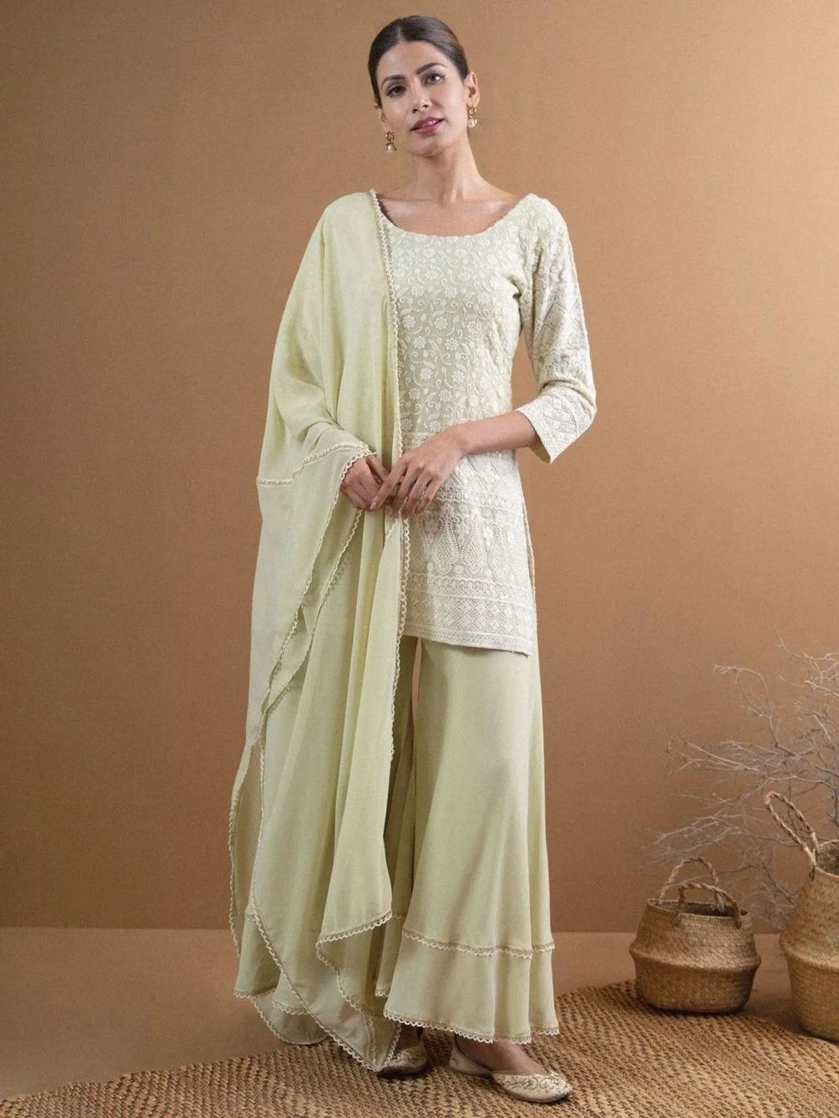 Anouk Green Embroidered Georgette Straight Kurta With Palazzos & Dupatta