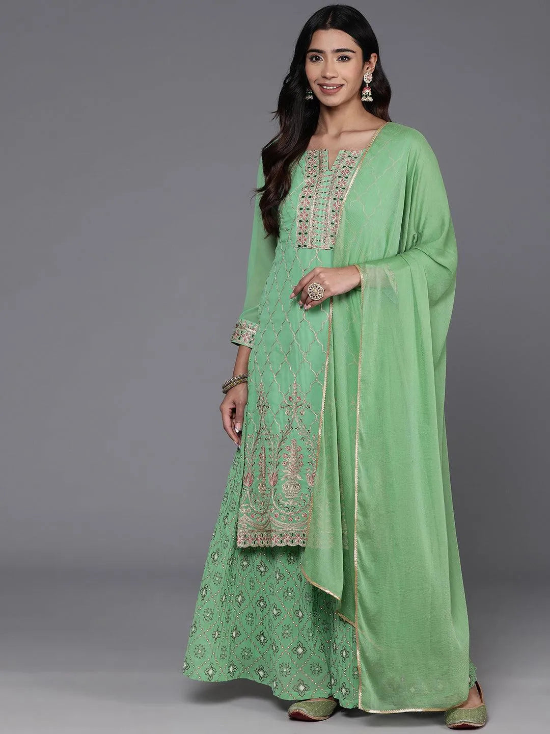 Anouk Green Embroidered Georgette Straight Suit With Dupatta