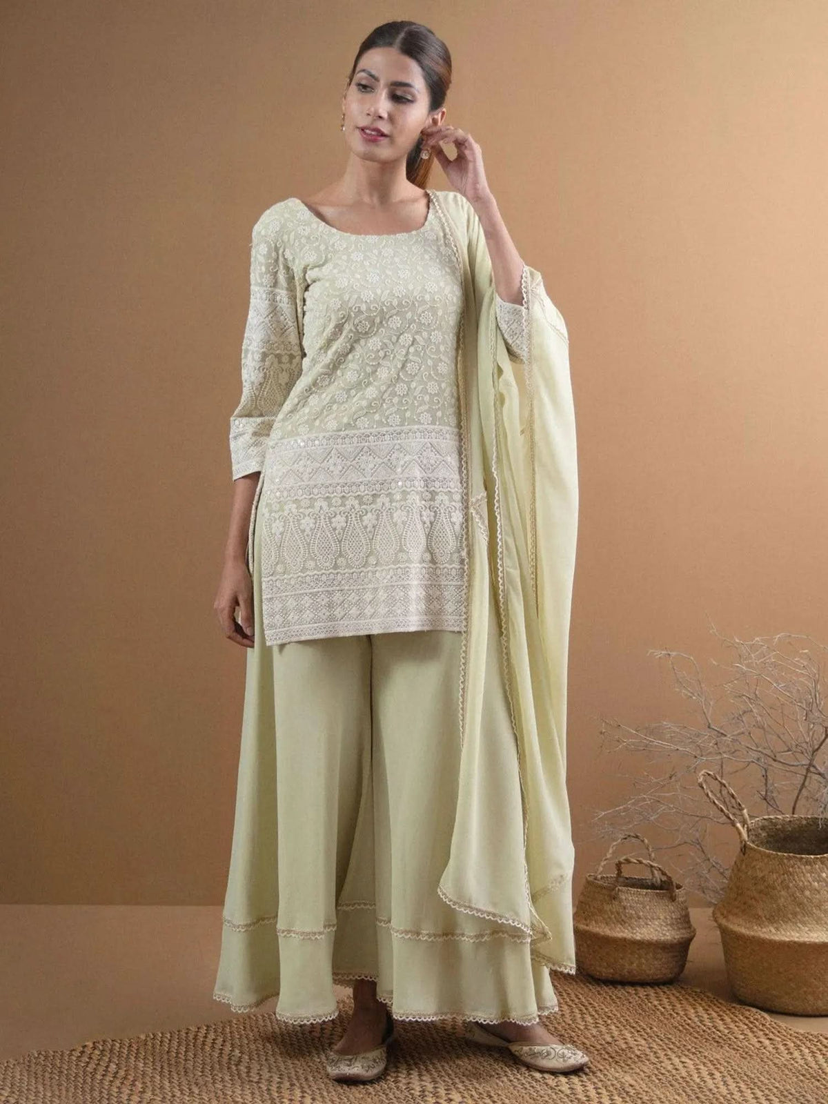 Anouk Green Embroidered Georgette Straight Kurta With Palazzos & Dupatta