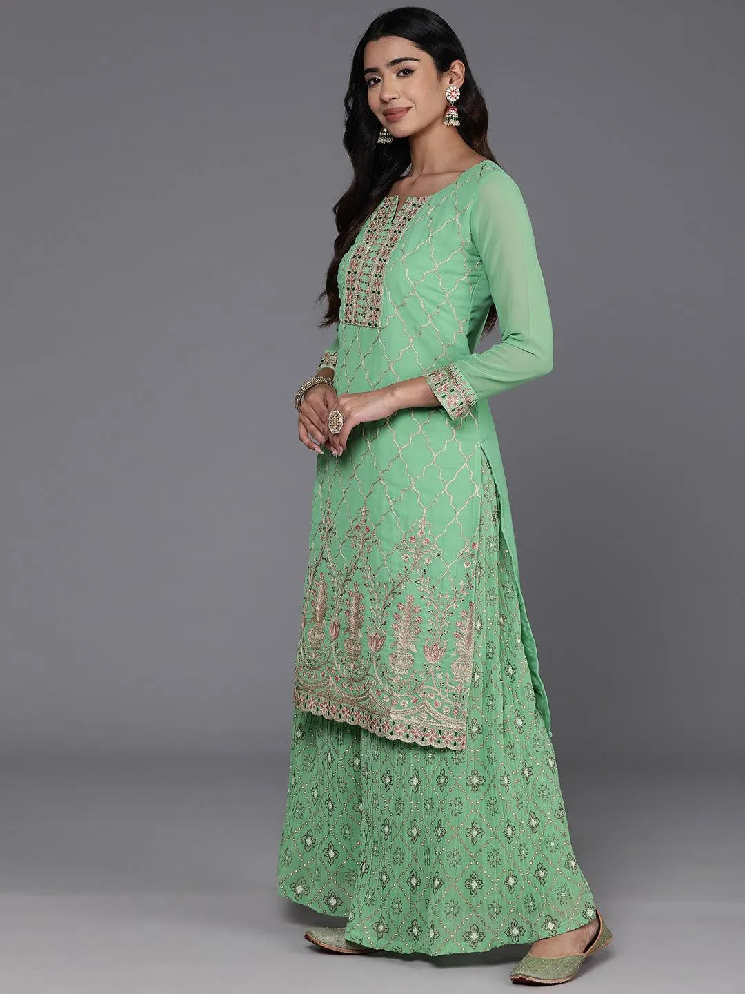Anouk Green Embroidered Georgette Straight Suit With Dupatta