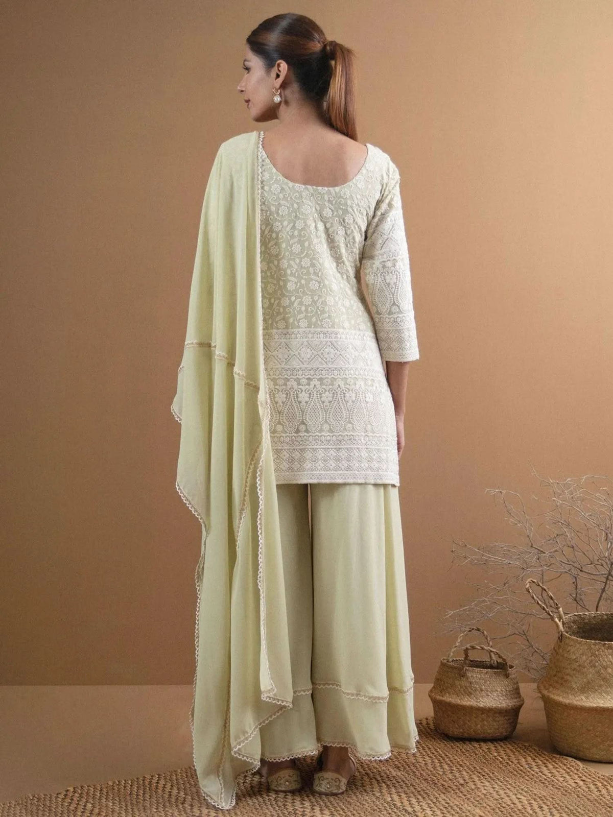 Anouk Green Embroidered Georgette Straight Kurta With Palazzos & Dupatta