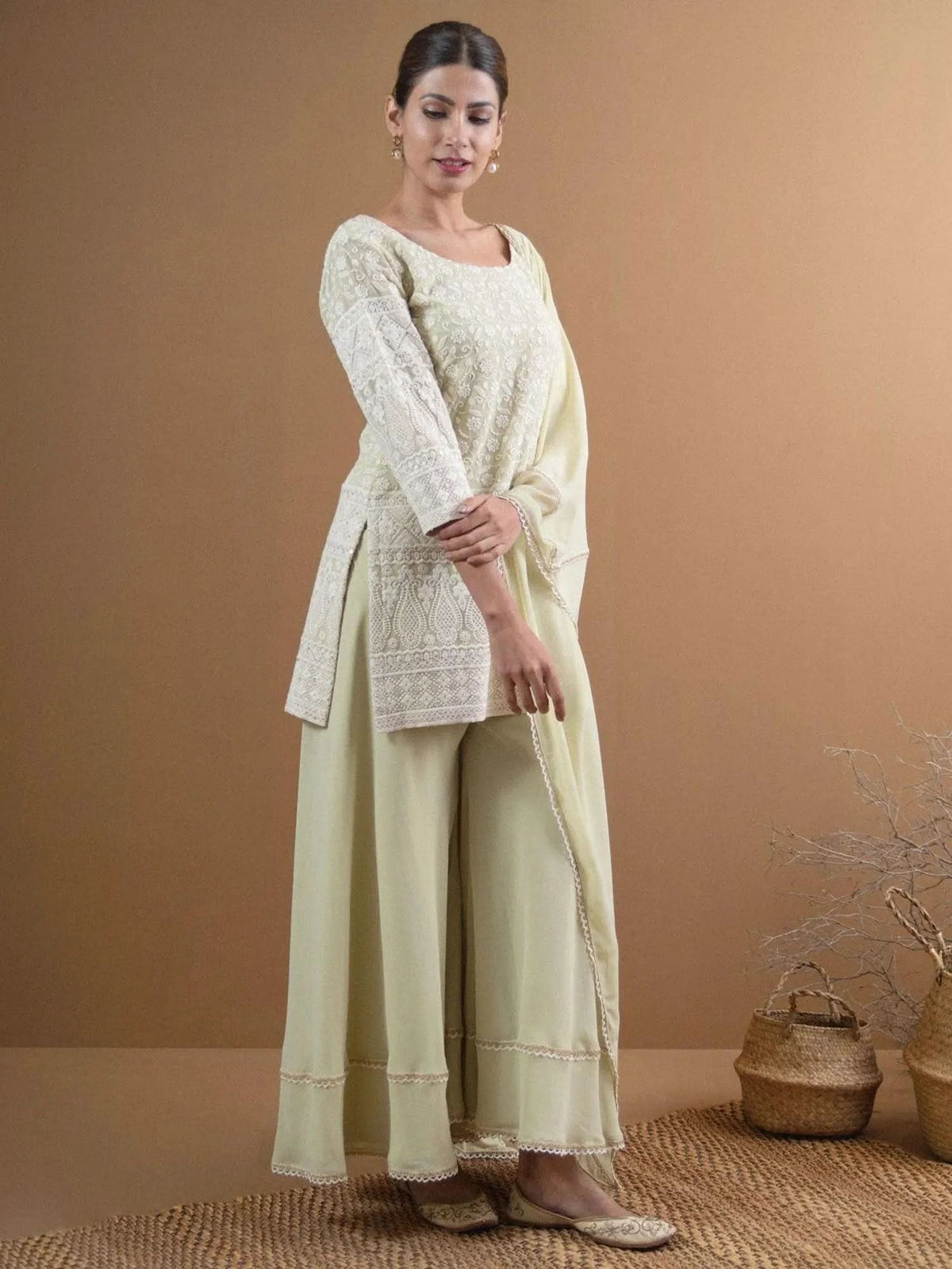 Anouk Green Embroidered Georgette Straight Kurta With Palazzos & Dupatta
