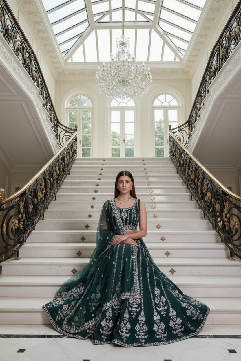 Bottle Green Embroidered Lehenga Set