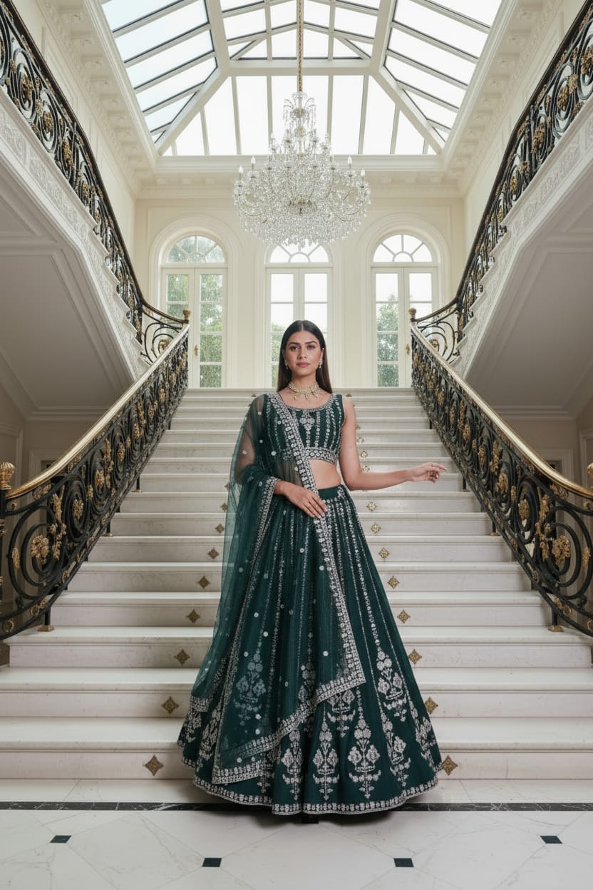 Bottle Green Embroidered Lehenga Set