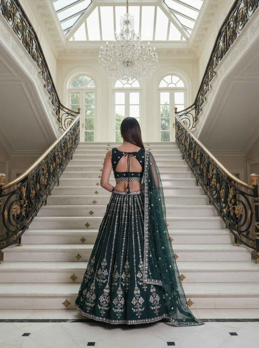 Bottle Green Embroidered Lehenga Set