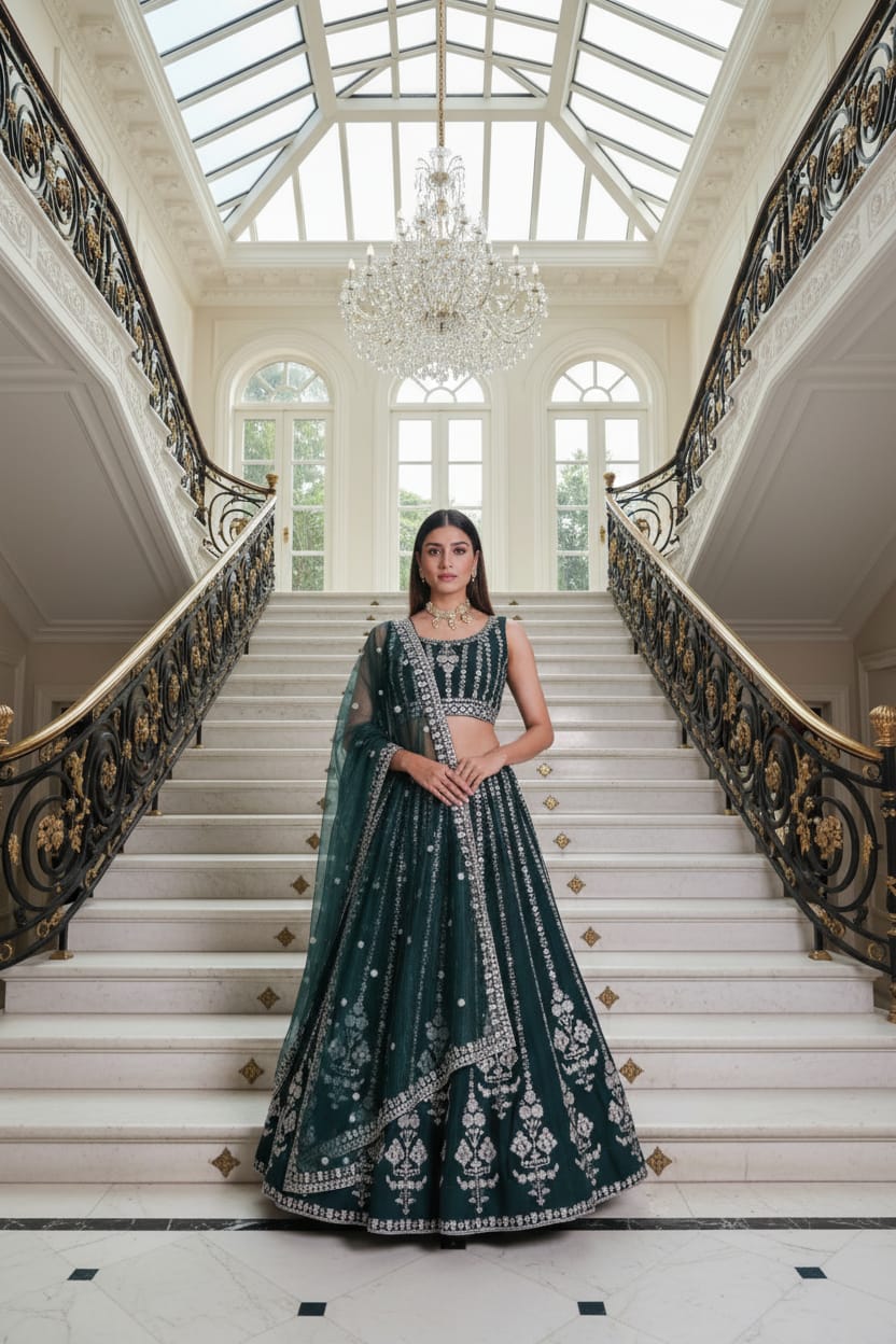 Bottle Green Embroidered Lehenga Set
