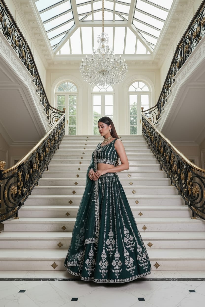 Bottle Green Embroidered Lehenga Set