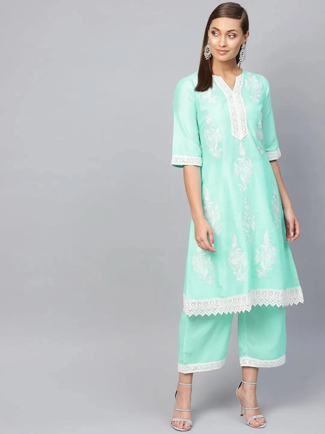 Anouk Green Embroidered Muslin A-Line Kurta With Palazzos