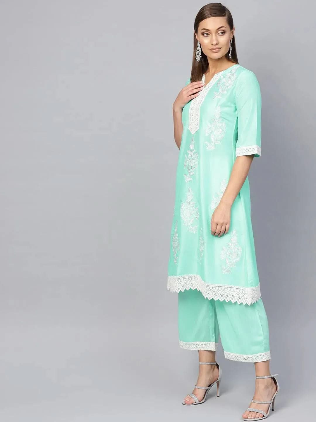 Anouk Green Embroidered Muslin A-Line Kurta With Palazzos