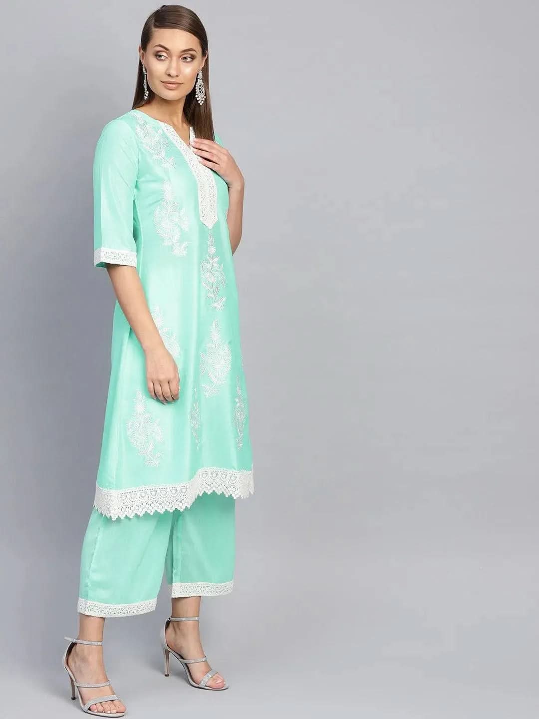 Anouk Green Embroidered Muslin A-Line Kurta With Palazzos