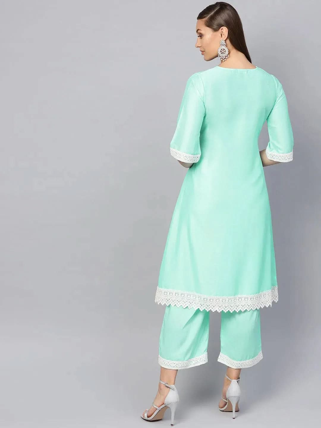 Anouk Green Embroidered Muslin A-Line Kurta With Palazzos