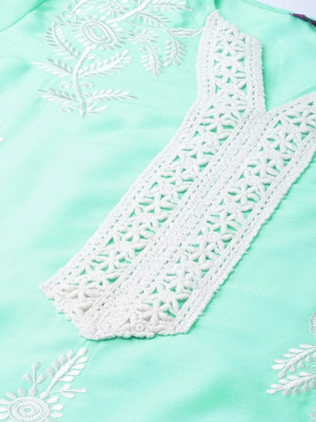 Anouk Green Embroidered Muslin A-Line Kurta With Palazzos