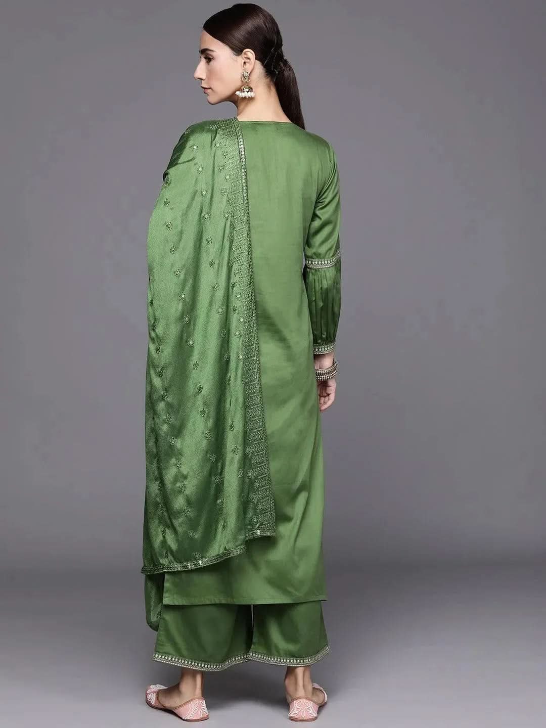 Anouk Green Embroidered Silk Blend Straight Kurta With Palazzos & Dupatta