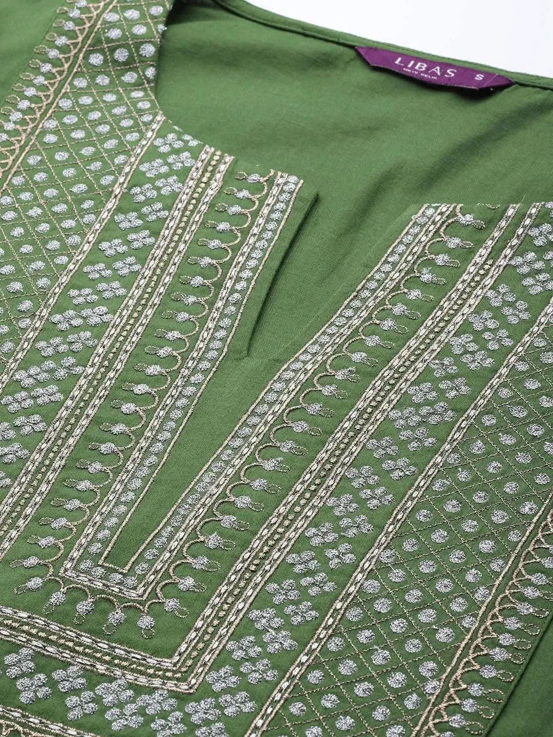 Anouk Green Embroidered Silk Blend Straight Kurta With Palazzos & Dupatta