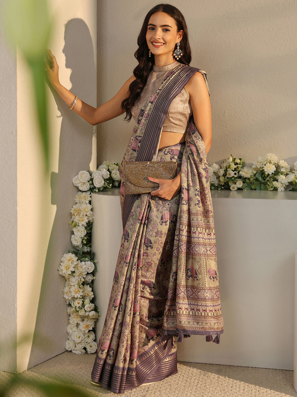 Anouk Green Ethnic Printed Silk Blend Saree With Unstitched Blouse Piece