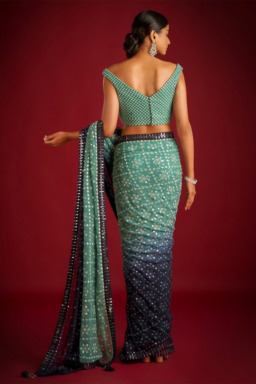 Green Faux Georgette Saree with Heavy Banglory Silk Blouse