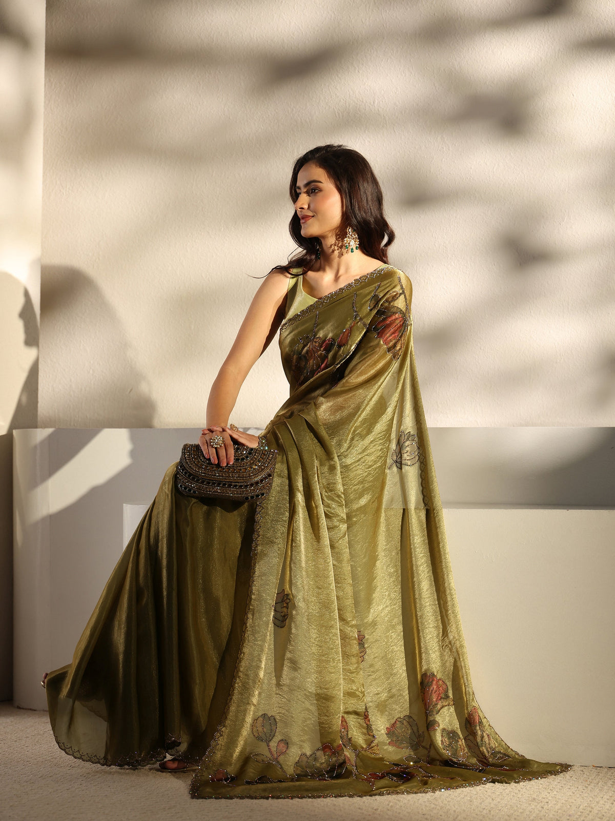Anouk Green Floral Embellished Tissue Saree With Unstitched Blouse Piece