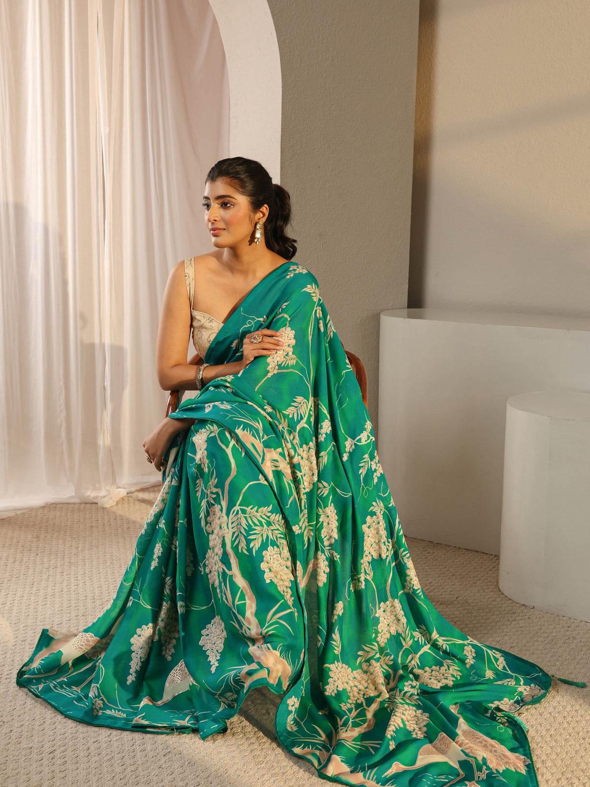 Anouk Green Floral Printed Georgette Tassel Saree With Unstitched Blouse Piece