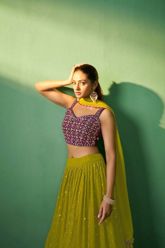 Green Georgette Sequins Embroidered Lehenga Set with Lace Dupatta