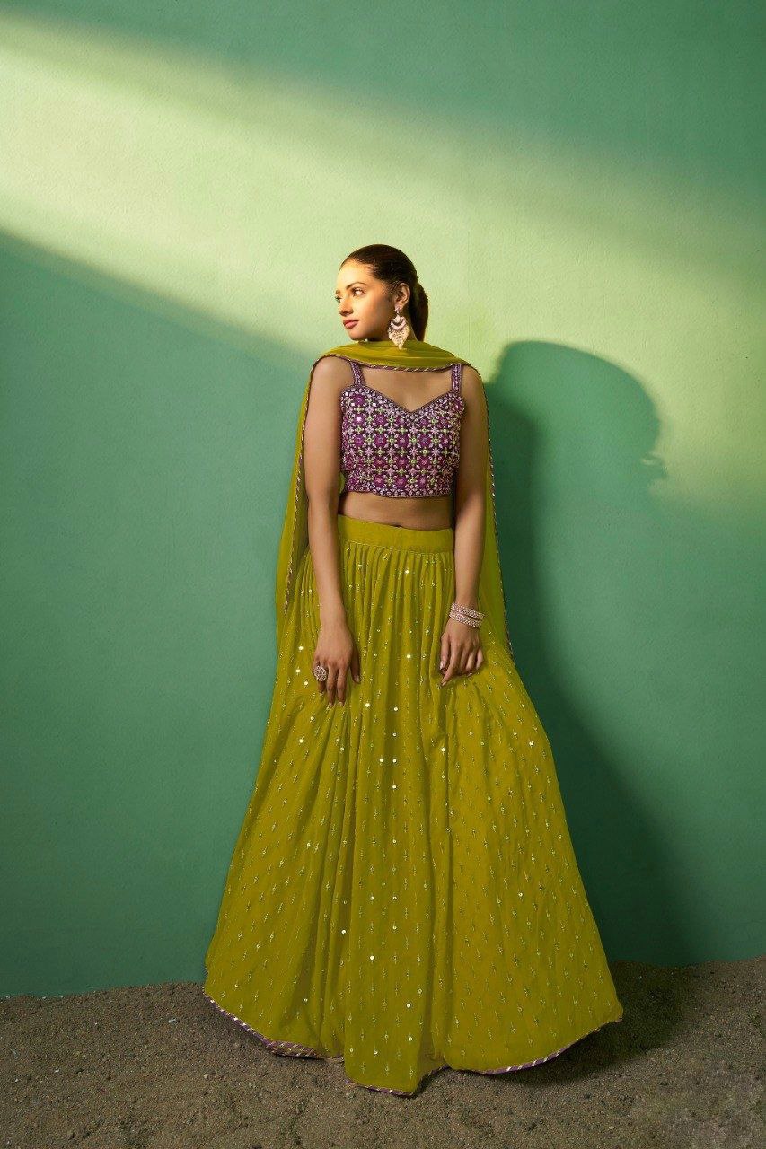 Green Georgette Sequins Embroidered Lehenga Set with Lace Dupatta