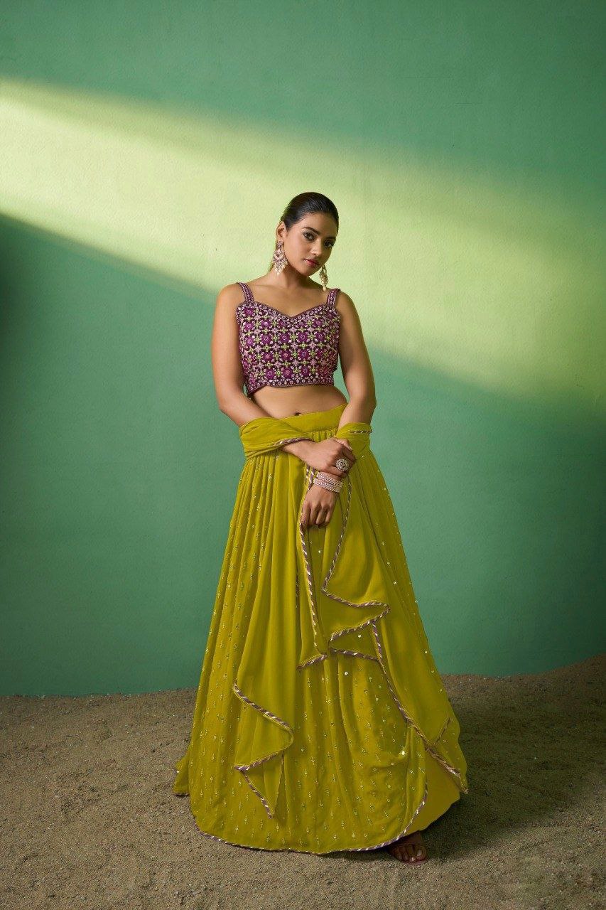 Green Georgette Sequins Embroidered Lehenga Set with Lace Dupatta