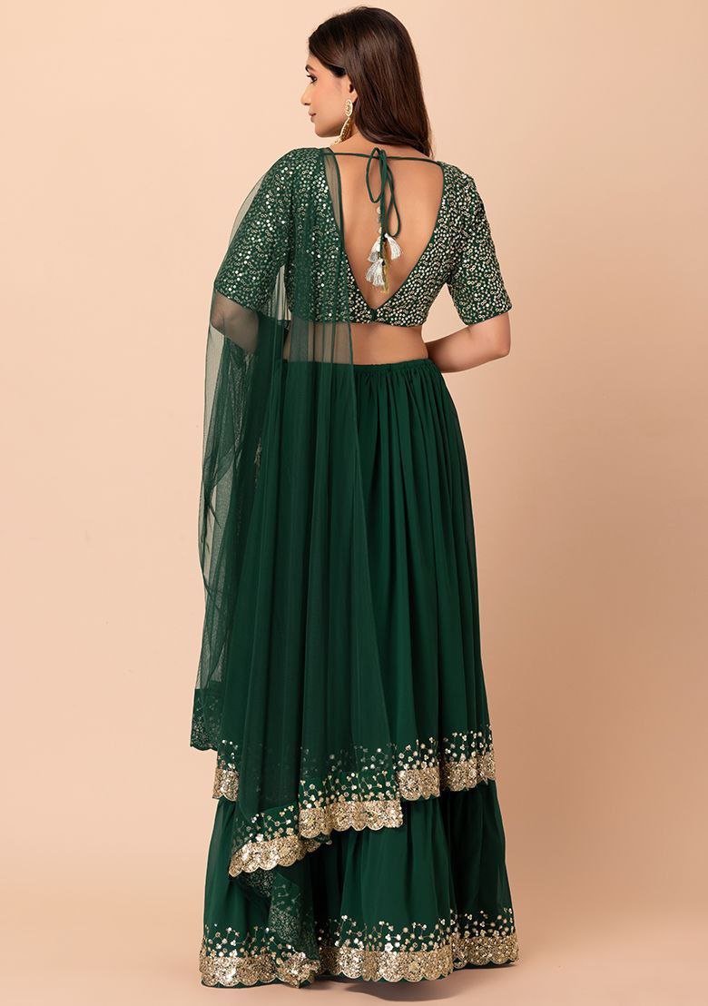 Green Georgette Sequins Zari Embroidered Lehenga Choli with Matching Dupatta – Semi-Stitched Layered Can-Can 3+ Meter Flair Wedding & Festive Wear