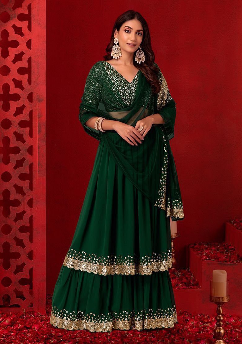 Green Georgette Sequins Zari Embroidered Lehenga Choli with Matching Dupatta – Semi-Stitched Layered Can-Can 3+ Meter Flair Wedding & Festive Wear