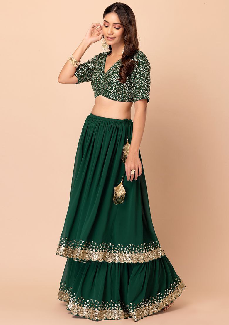 Green Georgette Sequins Zari Embroidered Lehenga Choli with Matching Dupatta – Semi-Stitched Layered Can-Can 3+ Meter Flair Wedding & Festive Wear