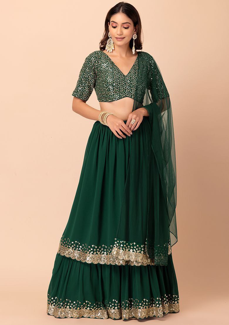 Green Georgette Sequins Zari Embroidered Lehenga Choli with Matching Dupatta – Semi-Stitched Layered Can-Can 3+ Meter Flair Wedding & Festive Wear