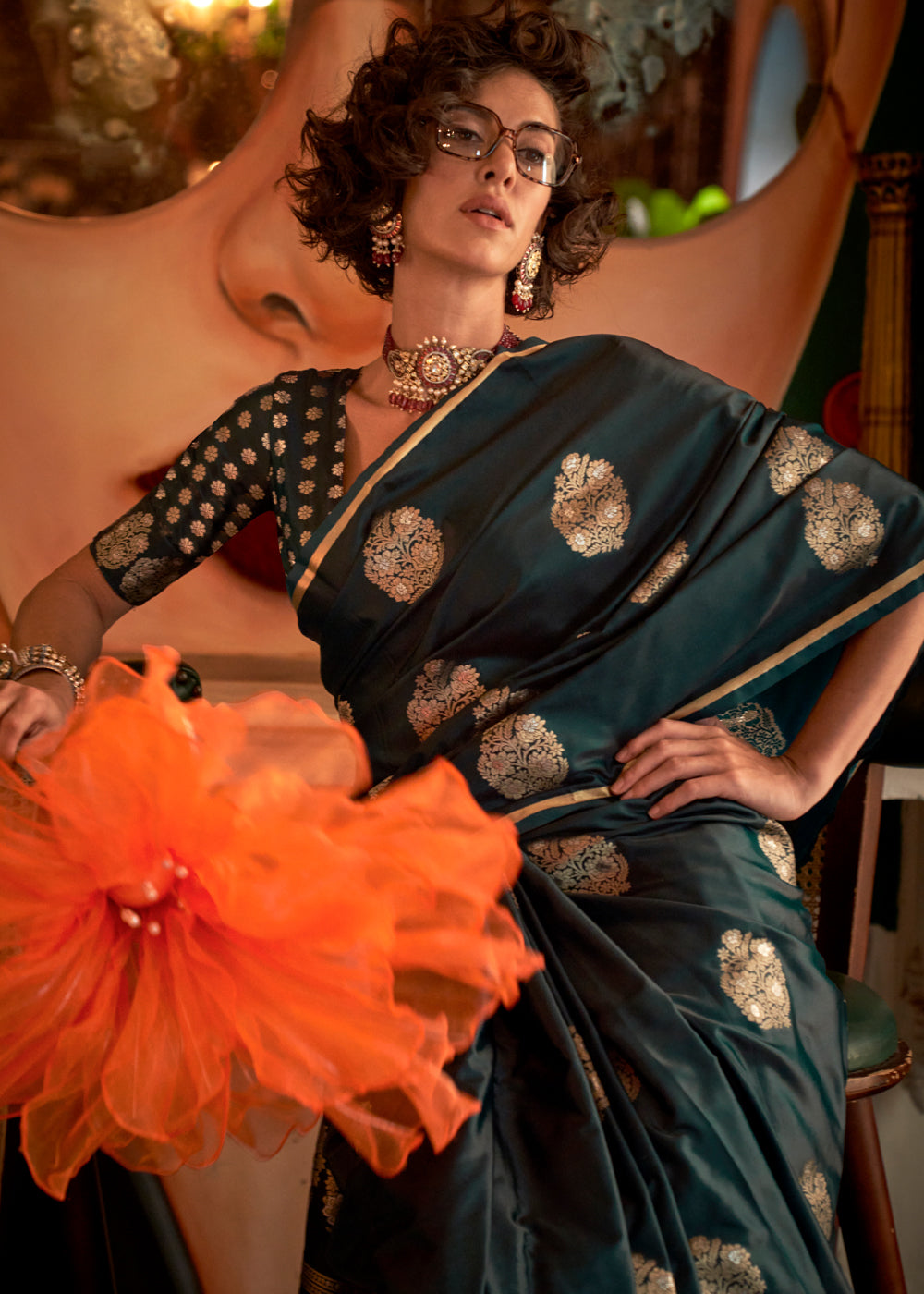 Green Glamorous Satin Silk Saree – Perfect for Cocktail & Dinner Parties