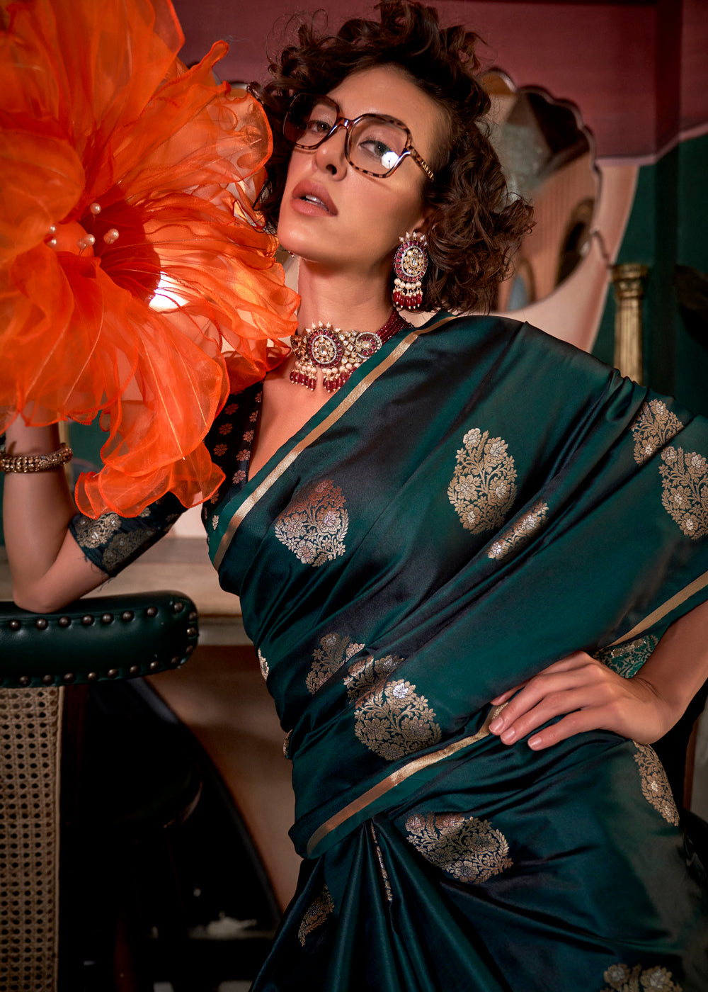 Green Glamorous Satin Silk Saree – Perfect for Cocktail & Dinner Parties
