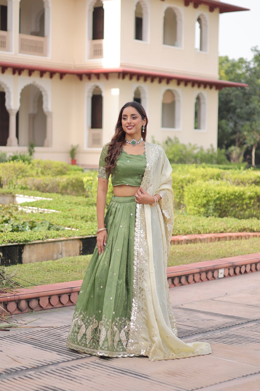 Green Gold Crush Sequins & Zari Embroidered Lehenga Set with 3-Meter Flair, Heavy Dupatta & Unstitched Designer Blouse – Fully Stitched Festive & Wedding Wear Ensemble