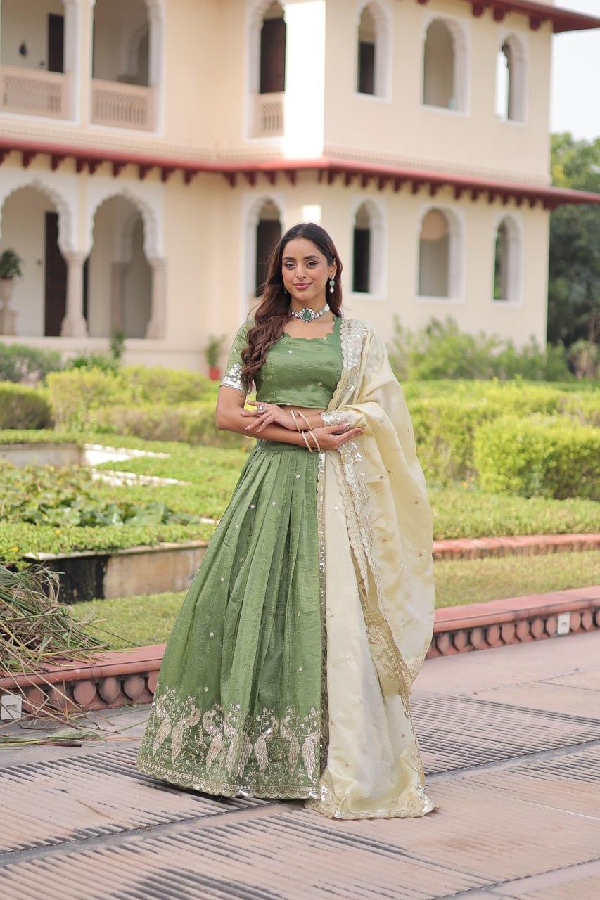 Green Gold Crush Sequins & Zari Embroidered Lehenga Set with 3-Meter Flair, Heavy Dupatta & Unstitched Designer Blouse – Fully Stitched Festive & Wedding Wear Ensemble