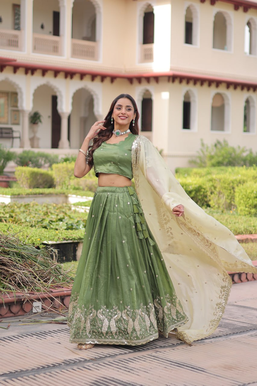 Green Gold Crush Sequins & Zari Embroidered Lehenga Set with 3-Meter Flair, Heavy Dupatta & Unstitched Designer Blouse – Fully Stitched Festive & Wedding Wear Ensemble