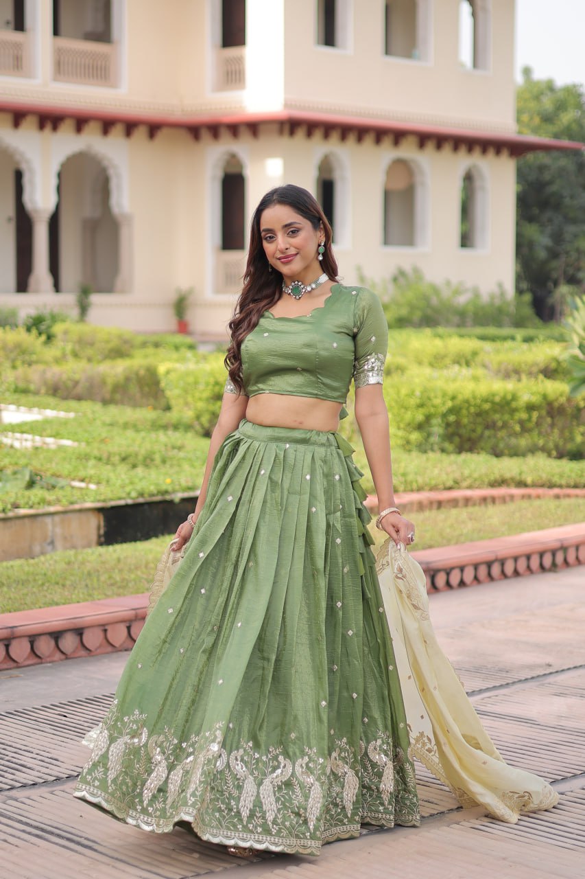 Green Gold Crush Sequins & Zari Embroidered Lehenga Set with 3-Meter Flair, Heavy Dupatta & Unstitched Designer Blouse – Fully Stitched Festive & Wedding Wear Ensemble