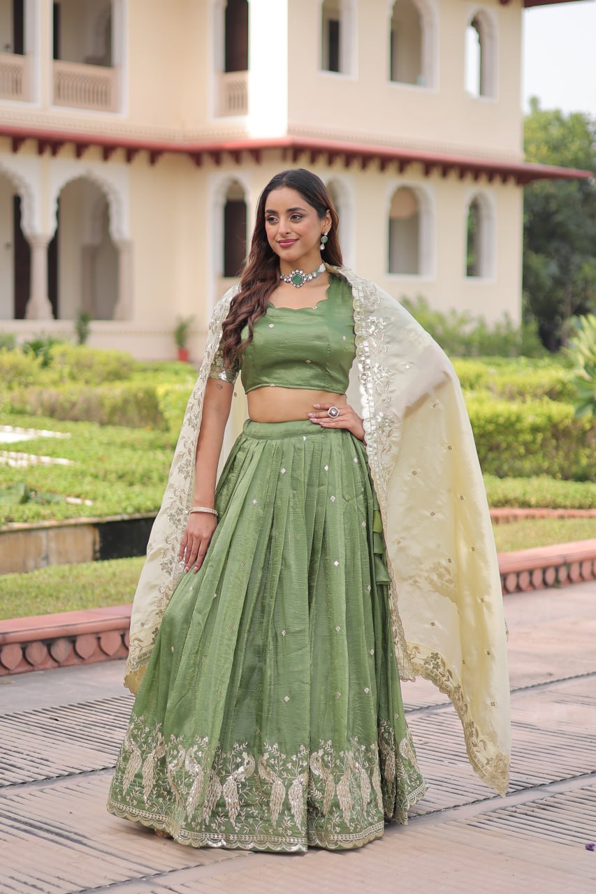 Green Gold Crush Sequins & Zari Embroidered Lehenga Set with 3-Meter Flair, Heavy Dupatta & Unstitched Designer Blouse – Fully Stitched Festive & Wedding Wear Ensemble