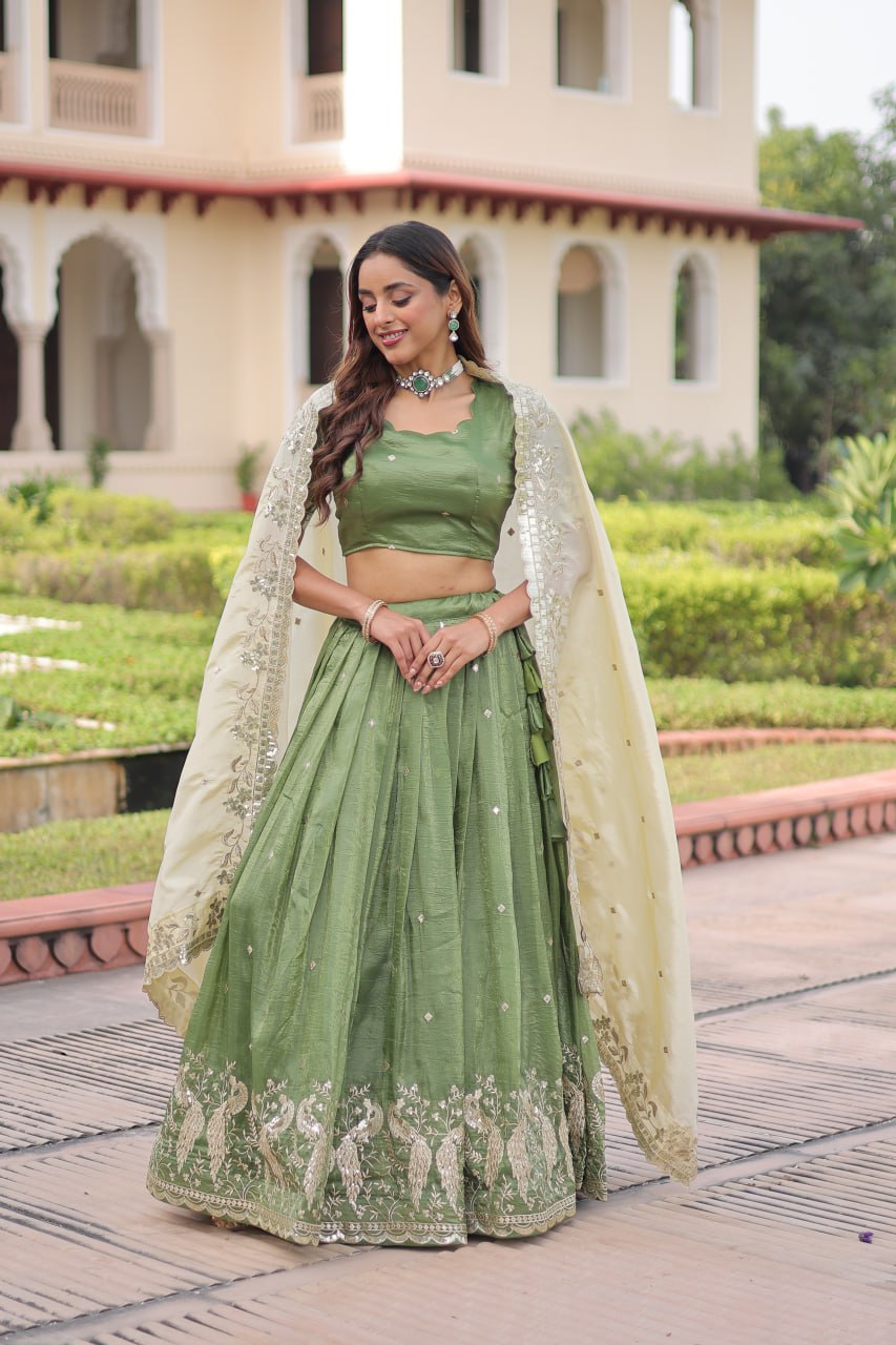Green Gold Crush Sequins & Zari Embroidered Lehenga Set with 3-Meter Flair, Heavy Dupatta & Unstitched Designer Blouse – Fully Stitched Festive & Wedding Wear Ensemble