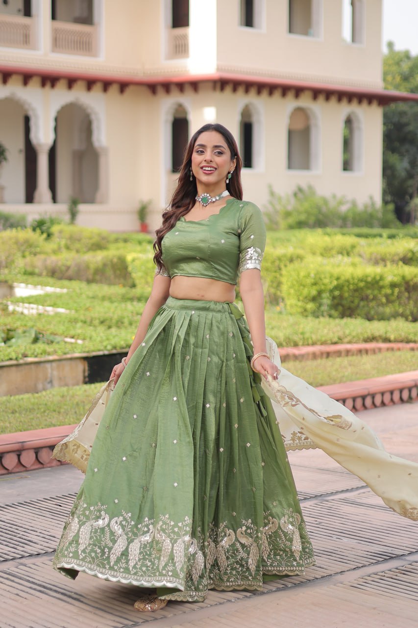 Green Gold Crush Sequins & Zari Embroidered Lehenga Set with 3-Meter Flair, Heavy Dupatta & Unstitched Designer Blouse – Fully Stitched Festive & Wedding Wear Ensemble