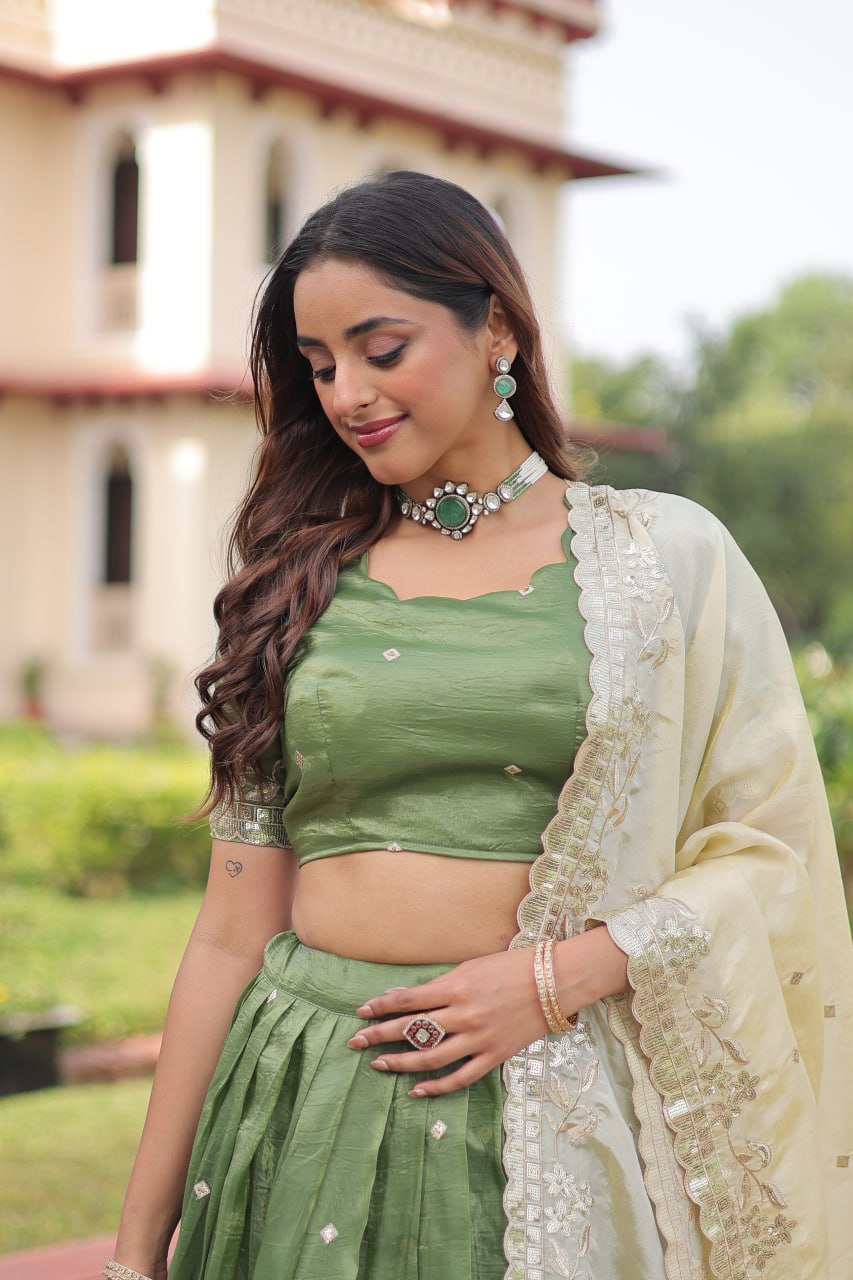 Green Gold Crush Sequins & Zari Embroidered Lehenga Set with 3-Meter Flair, Heavy Dupatta & Unstitched Designer Blouse – Fully Stitched Festive & Wedding Wear Ensemble